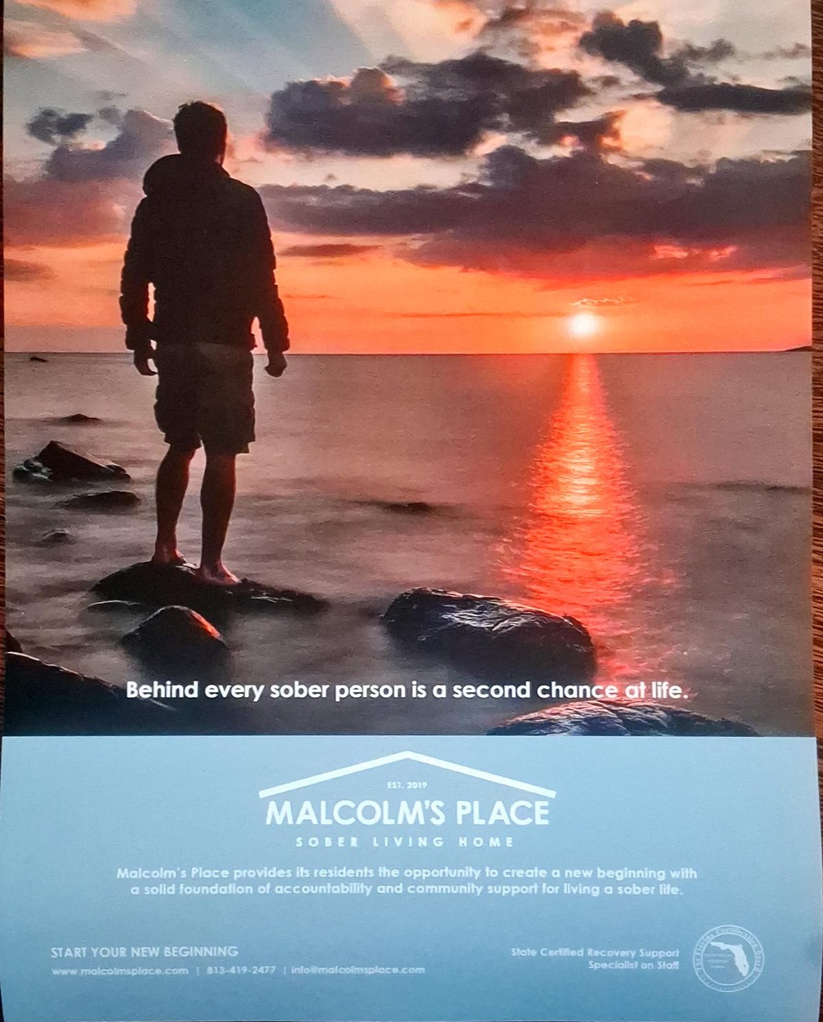 Malcolm's Place flyer - Behind every sober person is a second chance at life